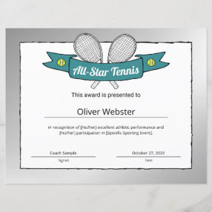Certificat de tennis du joueur All-Star Tennis Pla