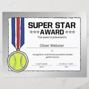 Certificat de tennis du Super Star Tennis Player