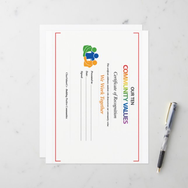 Certificat de valeur de travail d'équipe 8,5x11 fe (Devant/Arrière en situation)