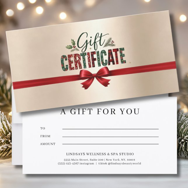 Certificat d'entreprise avec ruban de Noël festif  (Festive Christmas Bow Script Gold Business Certificate)