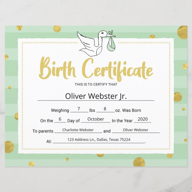 Certificat d'étape verte Certificat de naissance d (Devant)