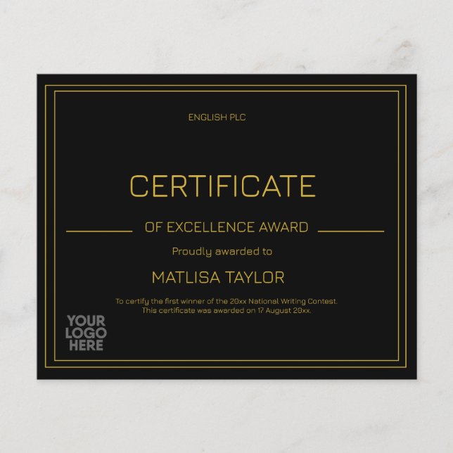 Certificat d'excellence Ajouter un logo  (Devant)