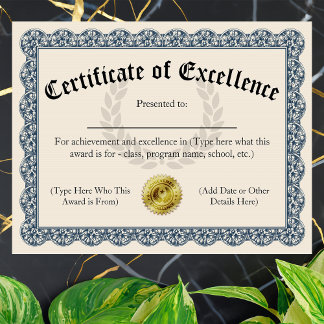 Certificat d'excellence Blue personnalisable 8,5 x
