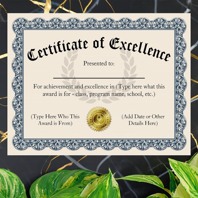 Certificat d'excellence Blue personnalisable 8,5 x (certificate of excellence)