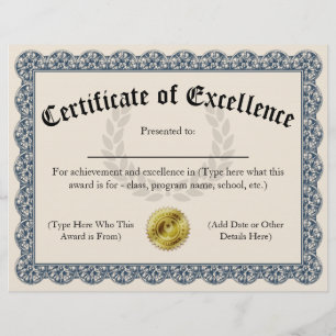 Certificat d'excellence Blue personnalisable 8,5 x