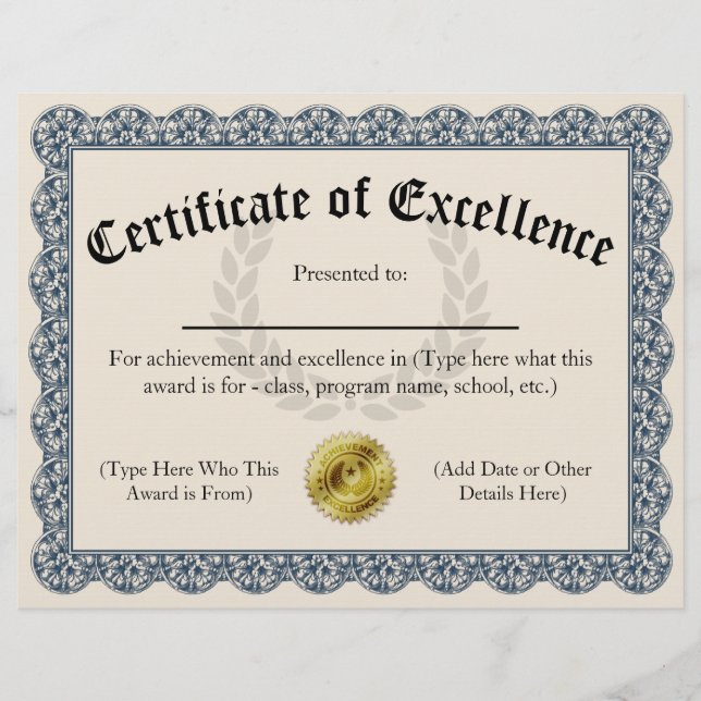 Certificat d'excellence Blue personnalisable 8,5 x (Devant)