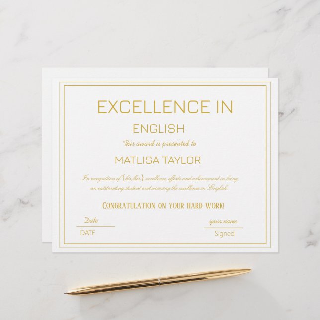 Certificat d'excellence en anglais (Devant/Arrière en situation)