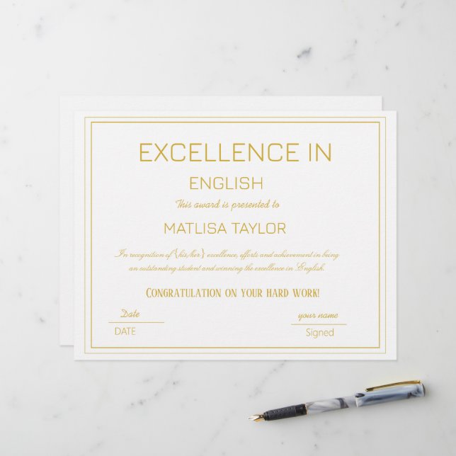 Certificat d'Excellence en Réalisation en Anglais (Devant/Arrière en situation)
