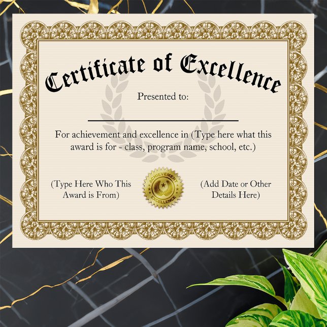Certificat d'excellence Gold personnalisable 8,5 x (custom printed certificate of excellence)