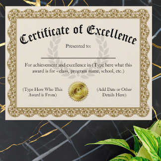 Certificat d'excellence Gold personnalisable 8,5 x