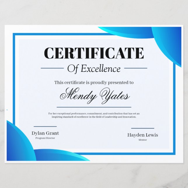 Certificat d'Excellence Moderne Bleu et Blanc (Devant)