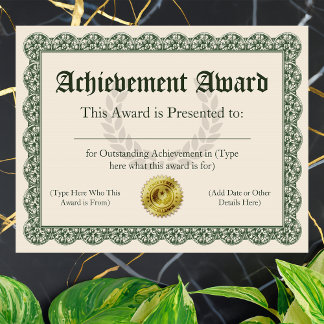 Certificat d'excellence, personnalisable