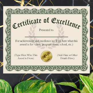 Certificat d'excellence, personnalisable 8,5 x 11