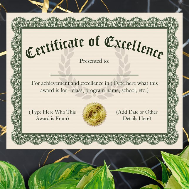 Certificat d'excellence, personnalisable 8,5 x 11 (customizable certificate of excellence)