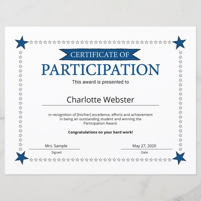 Certificat d'excellence pour la participation PDF (Devant)