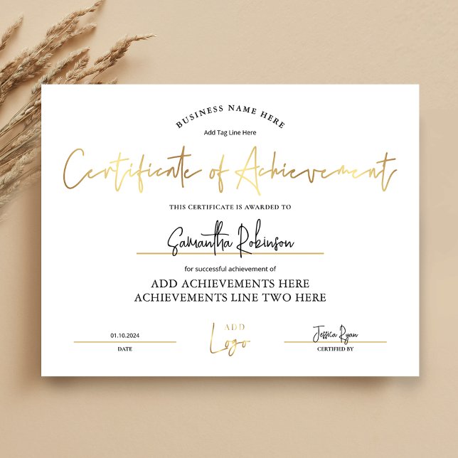 Certificat d'excellence Prix d'excellence des empl (Elegant white and gold Certificate of Achievement with space for your logo)