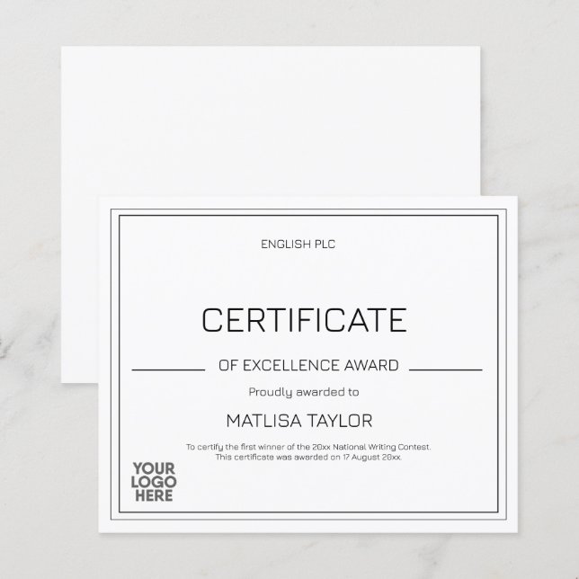 Certificat d'excellence Prix Logo Noir Blanc  (Devant / Derrière)