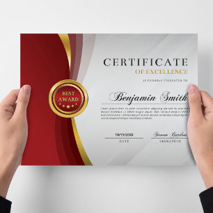 Certificat d'excellence Prix Rouge et Or