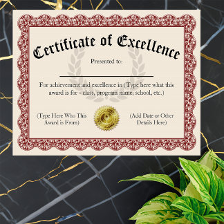 Certificat d'excellence Red Personnalisable 8,5x11