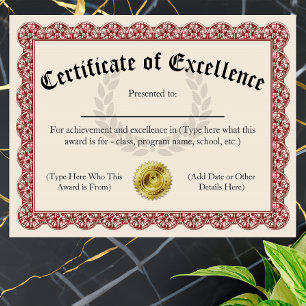 Certificat d'Excellence Rouge Personnalisable 21,5