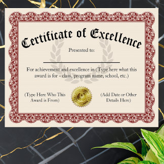 Certificat d'Excellence Rouge Personnalisable 21,5