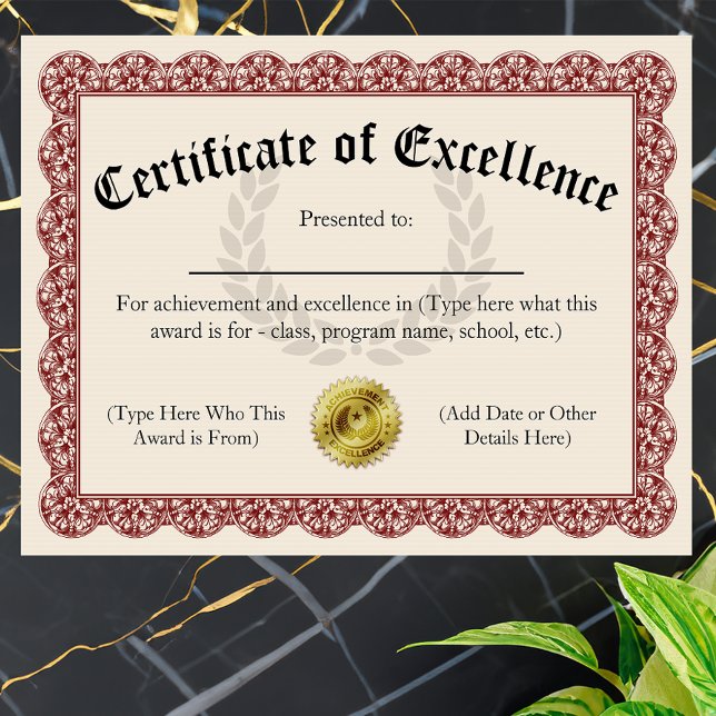 Certificat d'Excellence Rouge Personnalisable 21,5 (certificate of excellence)