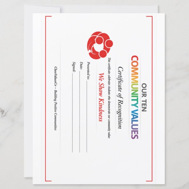 Certificat d'inclusion de valeur Feuille de papier (Devant)
