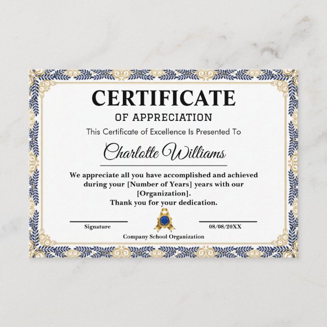 Certificat d'or d'appréciation des années de servi (Devant)