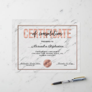 Certificat d'or rose d'achèvement Prix du cours