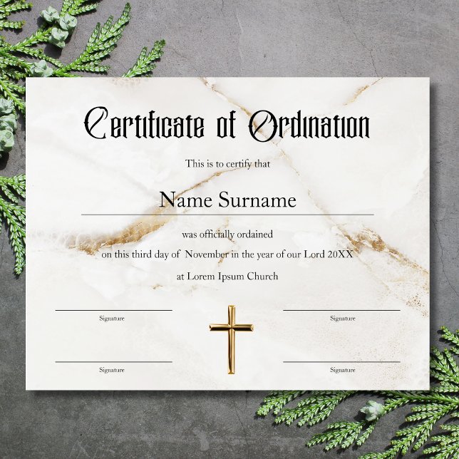 Certificat d'ordination au ministère de l'église (Certificate of ordination white marble background and gold cross)
