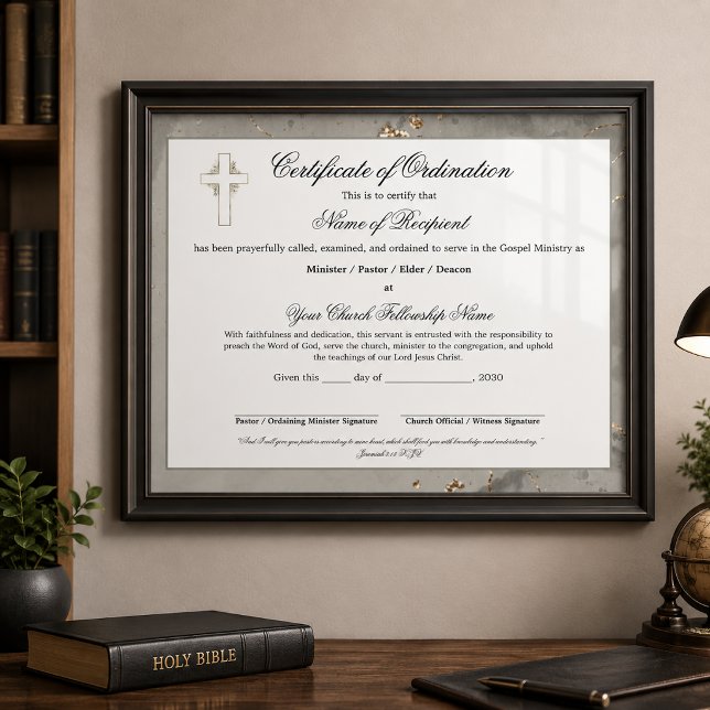 Certificat d'ordination de l'Ancien en marbre et o (The foil/metal details in this product are simulated in the artwork, no metal is used in product.)