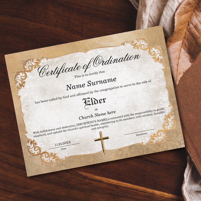 Certificat d'Ordination de l'Église Aînée (golden floral frame vintage feel elder church certificate)