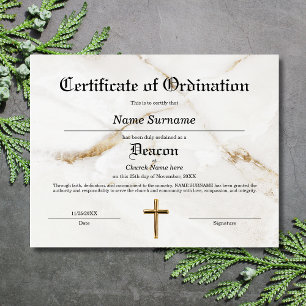 Certificat d'ordination de l'église Deacon