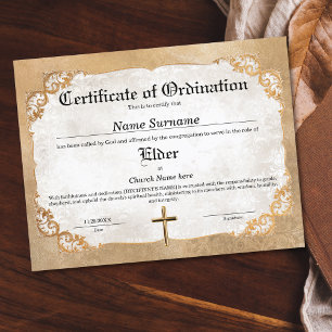 Certificat d'ordination de l'Église des anciens