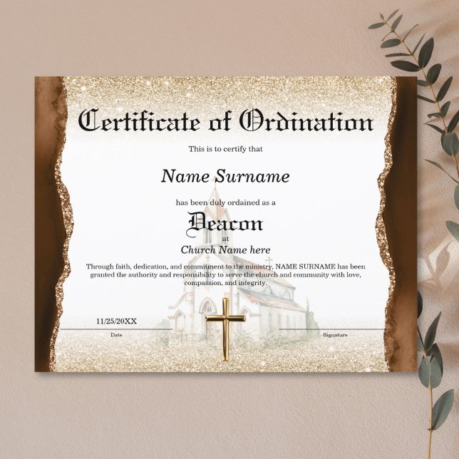 Certificat d'ordination de l'église diaconale (pastor ordination certificate with brown agate, gold glitter and watercolor church)