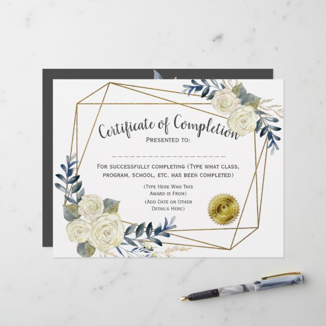 Certificat floral d'achèvement, Personnaliser 8.5x (Devant/Arrière en situation)
