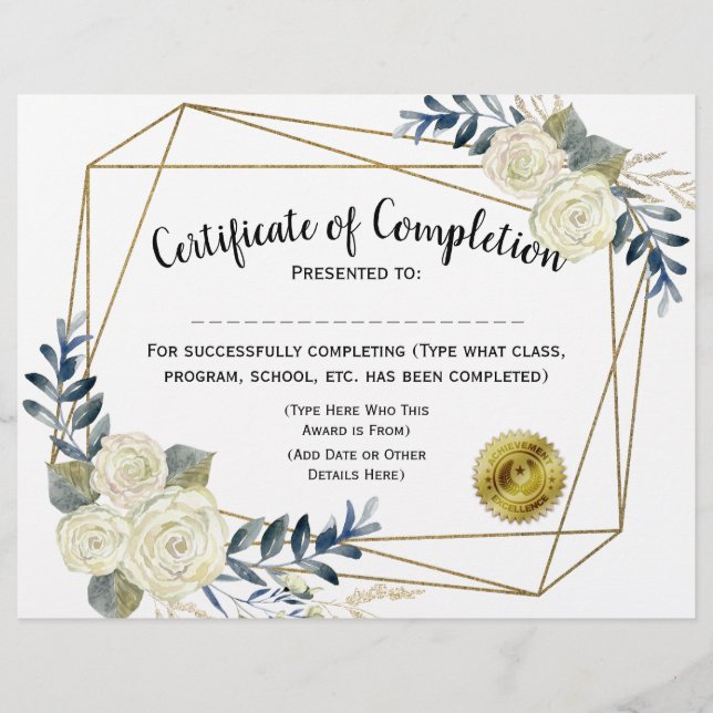 Certificat floral d'achèvement, Personnaliser 8.5x (Devant)
