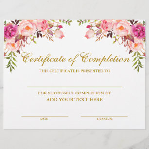 Certificat floral rose d'achèvement Or
