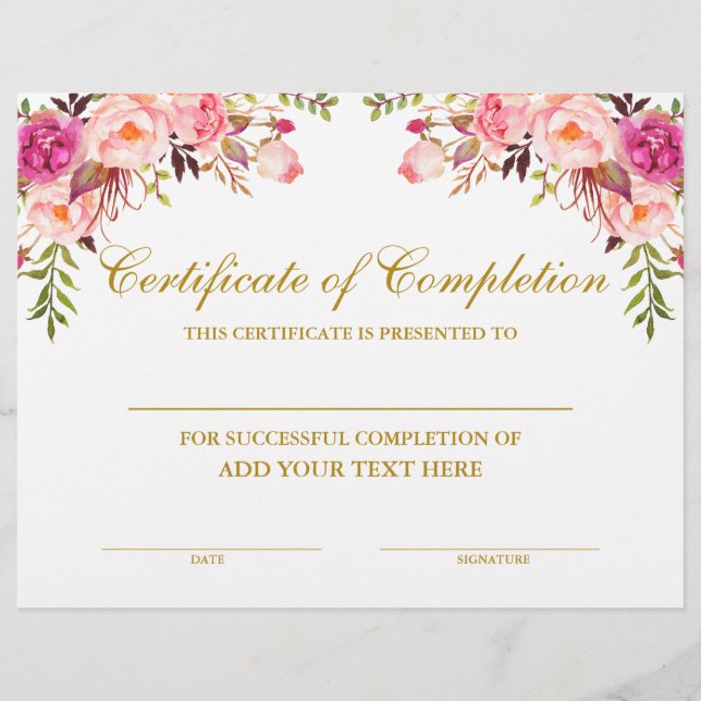 Certificat floral rose d'achèvement Or (Devant)