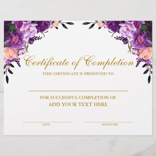 Certificat Floral Violet d'Achèvement Or (Devant)