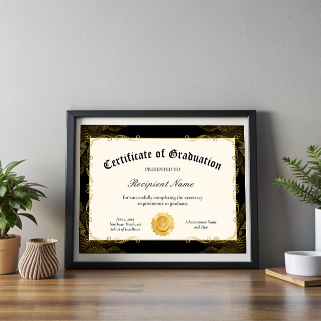 Certificat noir modifiable de diplôme (Editable Black Certificate of Graduation Award)
