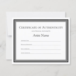 Certificat papier personnalisé d'authenticité Art