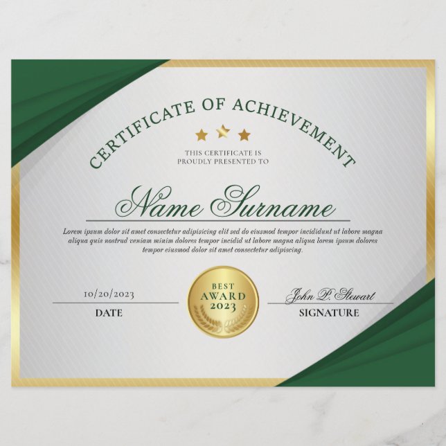 Certificat professionnel Emerald Green & Gold (Devant)