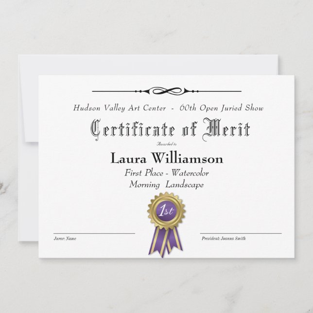 CERTIFICAT RÉCOMPENSÉ POUR LES SPECTACLES D'ART (Devant)