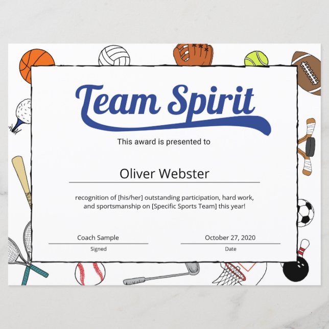 Certificat sportif Blue Team Spirit (Devant)