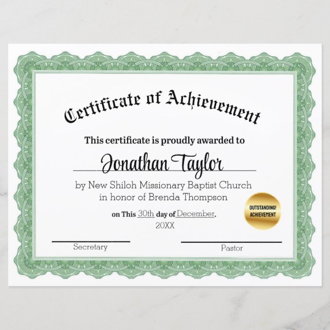 Certificat traditionnel vert de bourse (Devant)