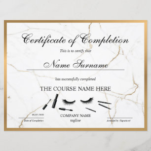 Certificate of Completion Award lashes course
