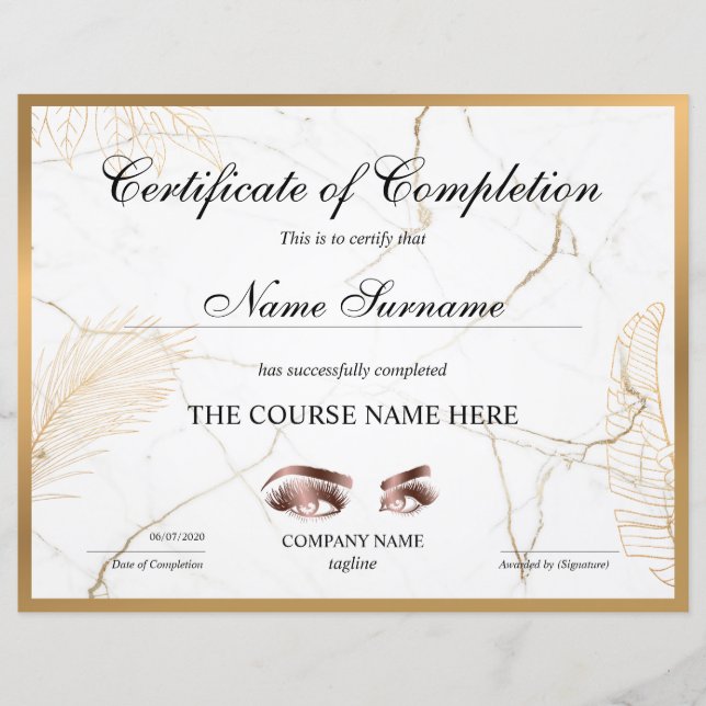 Certificate of Completion Award lashes course (Devant)