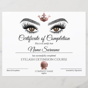 Certificate of Completion Award lashes course