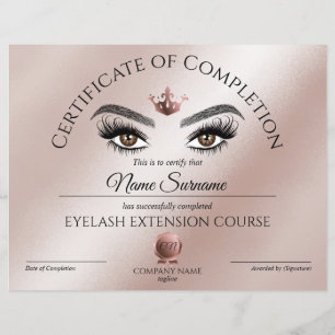 Certificate of Completion Award lashes course